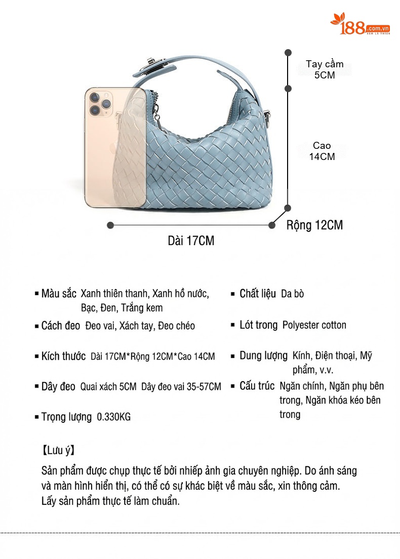 Túi Xách Nữ Thiết Kế Đan Thủ Công Da Thật Dáng Túi Hộp Cầm Tay Màu Trắng Kem, Xanh Mint, Xanh Dương, Bạc chi tiết 8