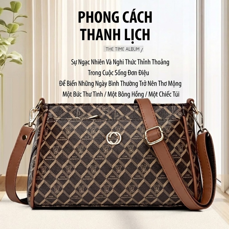 Túi Xách Nữ Thiết Kế Đeo Vai Đeo Chéo Da Bóng Màu Nâu, Kem chi tiết 19