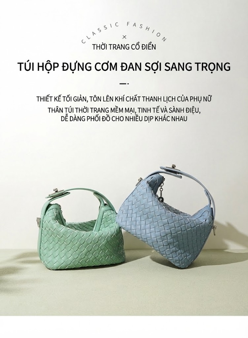 Túi Xách Nữ Thiết Kế Độc Đáo Da Thật Đan Thủ Công Túi Đeo Vai Túi Cầm Tay Màu Xanh Mint, Kem, Xanh Dương, Bạc chi tiết 1