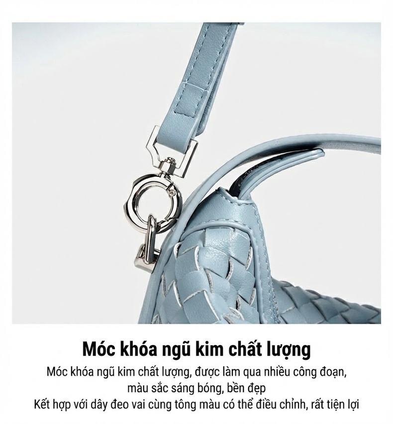 Túi Xách Nữ Thiết Kế Độc Đáo Da Thật Đan Thủ Công Túi Đeo Vai Túi Cầm Tay Màu Xanh Mint, Kem, Xanh Dương, Bạc chi tiết 12