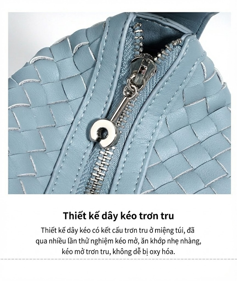 Túi Xách Nữ Thiết Kế Độc Đáo Da Thật Đan Thủ Công Túi Đeo Vai Túi Cầm Tay Màu Xanh Mint, Kem, Xanh Dương, Bạc chi tiết 13