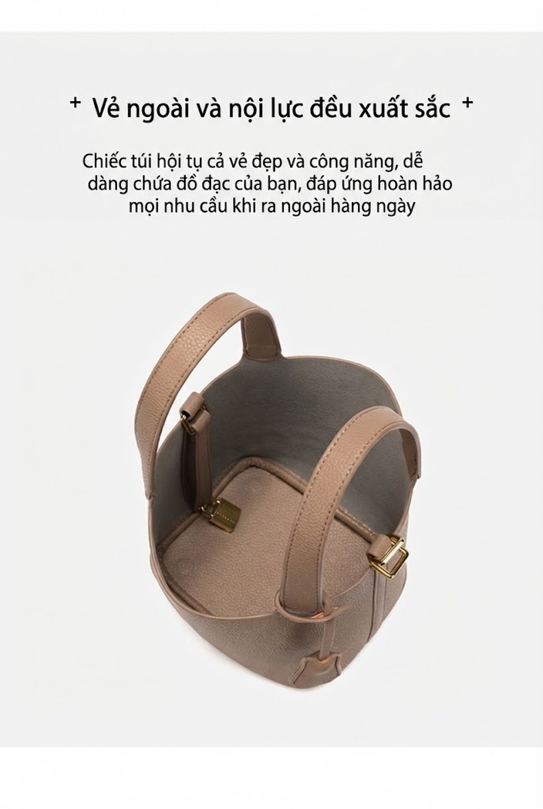 Túi Xách Nữ Thiết Kế Độc Đáo Dáng Bucket Phong Cách Cao Cấp Màu Đen, Trắng, Nâu chi tiết 6