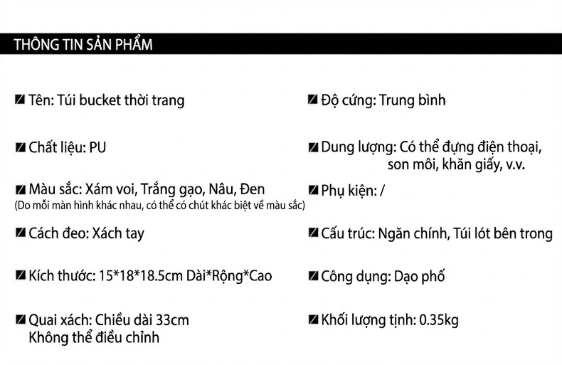 Túi Xách Nữ Thiết Kế Độc Đáo Dáng Bucket Phong Cách Cao Cấp Màu Đen, Trắng, Nâu chi tiết 9