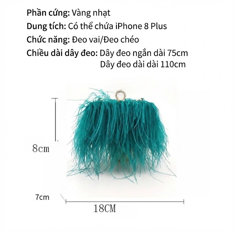 Túi Xách Nữ Thời Trang Lông Đà Điểu Cầm Tay Dự Tiệc Đeo Vai Màu Trắng, Đỏ, Hồng, Đen... chi tiết 17