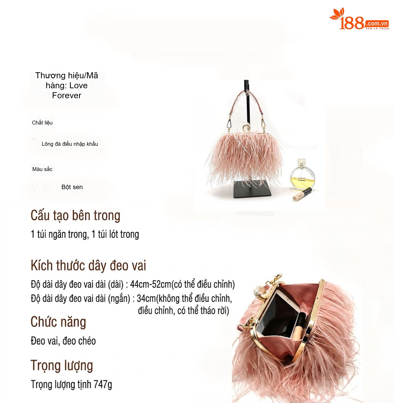 Túi Xách Nữ Thời Trang Lông Đà Điểu Cầm Tay Dự Tiệc Đeo Vai Màu Trắng, Đỏ, Hồng, Đen... chi tiết 10