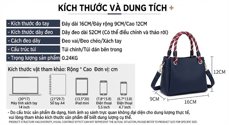 Túi Xách Nữ Vải Canvas Da Thật Quai Xách Tay Dây Bện Đeo Vai Màu Đen, Trắng chi tiết 2