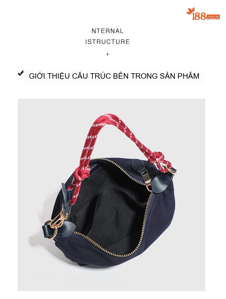 Túi Xách Nữ Vải Canvas Da Thật Quai Xách Tay Dây Bện Đeo Vai Màu Đen, Trắng chi tiết 3