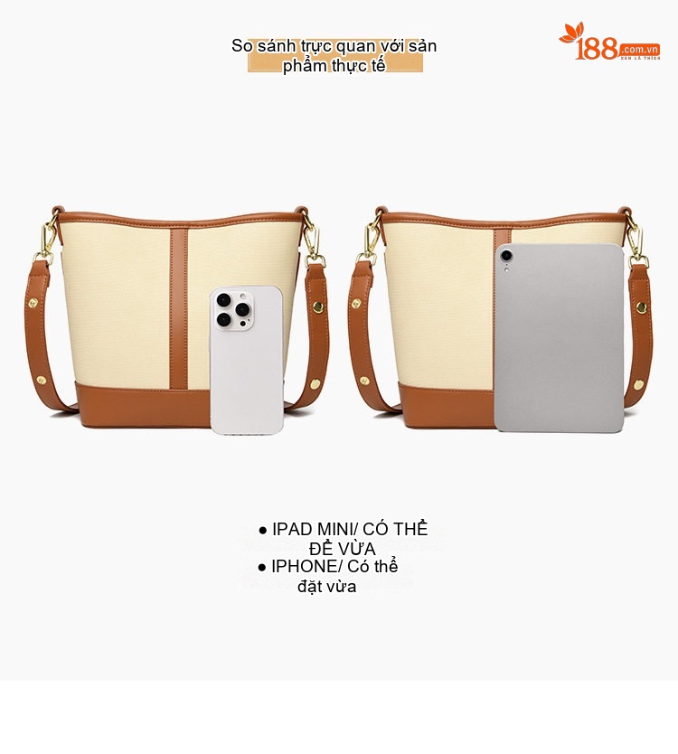 Túi Xách Nữ Vải Canvas Đeo Vai Đựng Vừa A4 Thời Trang Công Sở Màu Trắng Kem, Nâu chi tiết 5