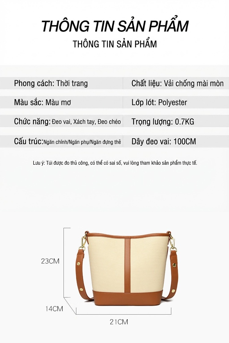 Túi Xách Nữ Vải Canvas Đeo Vai Đựng Vừa A4 Thời Trang Công Sở Màu Trắng Kem, Nâu chi tiết 4