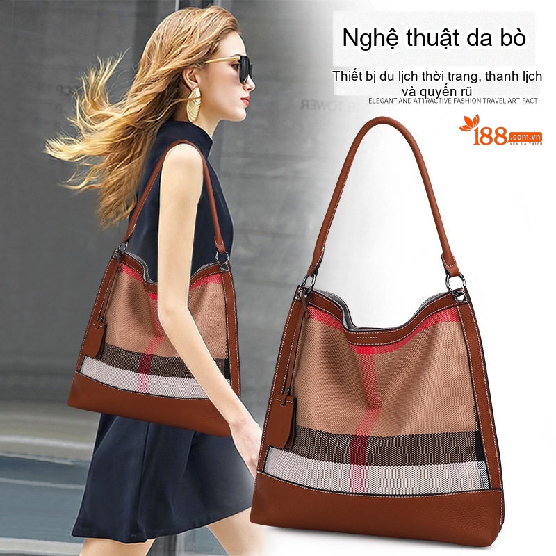 Túi Xách Nữ Vải Canvas Kẻ Ô Phối Da Bò Cao Cấp Màu Nâu