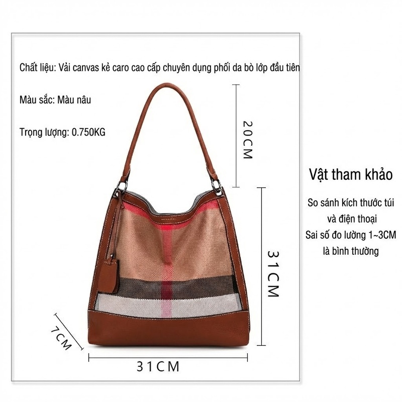 Túi Xách Nữ Vải Canvas Kẻ Ô Phối Da Bò Cao Cấp Màu Nâu