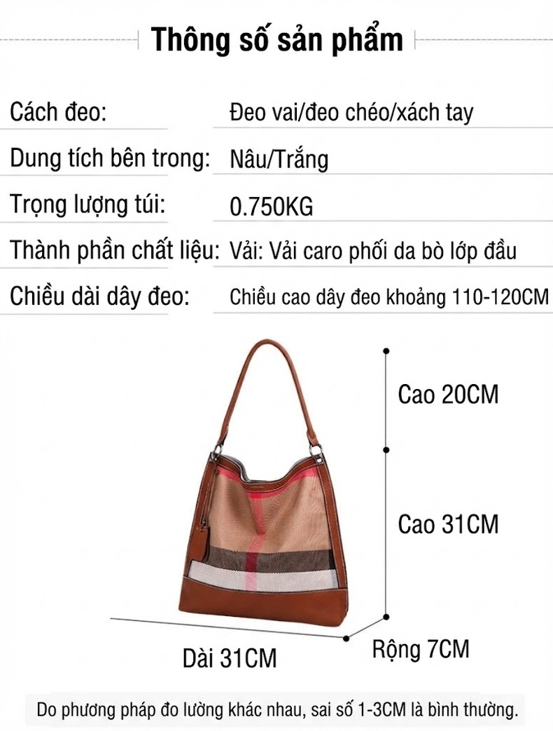 Túi Xách Nữ Vải Canvas Kẻ Ô Phối Da Bò Cao Cấp Màu Nâu chi tiết 3
