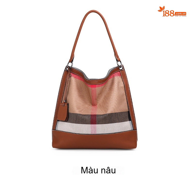 Túi Xách Nữ Vải Canvas Kẻ Ô Phối Da Bò Cao Cấp Màu Nâu chi tiết 4