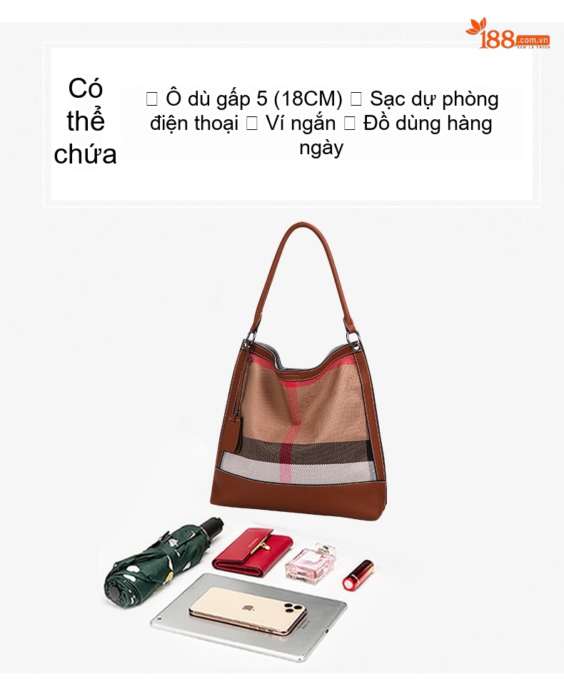 Túi Xách Nữ Vải Canvas Kẻ Ô Phối Da Bò Cao Cấp Màu Nâu chi tiết 9