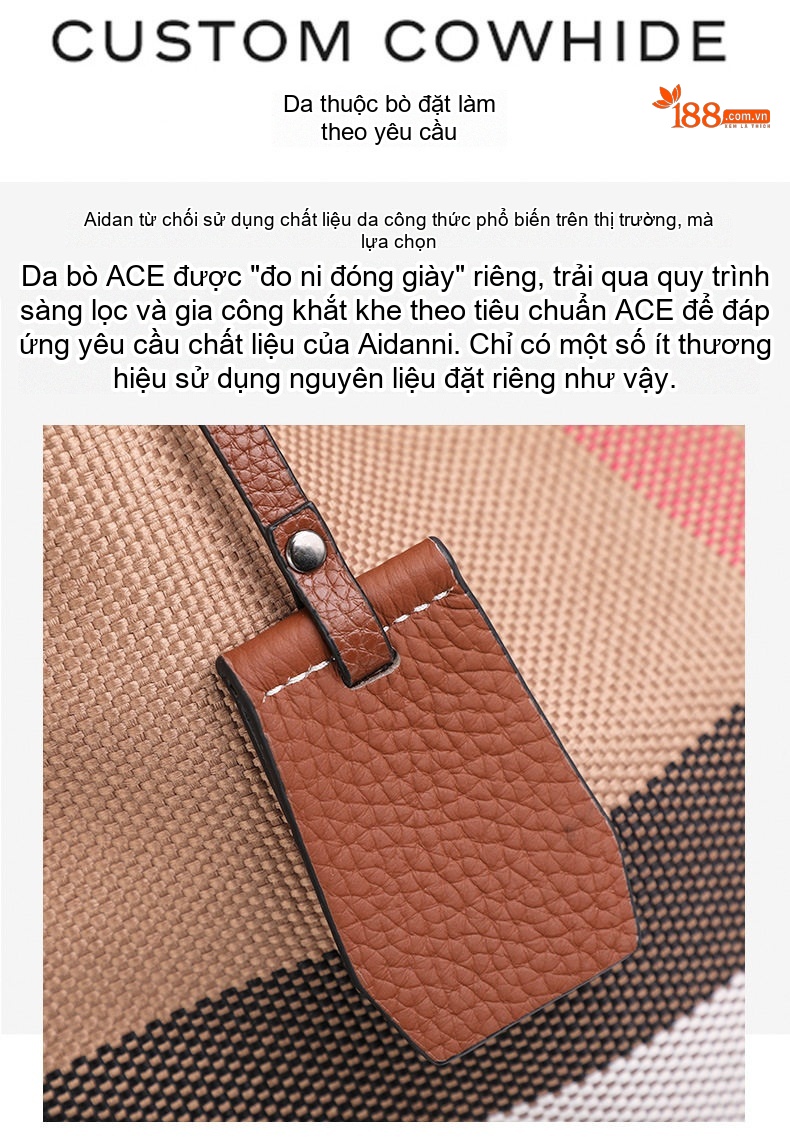Túi Xách Nữ Vải Canvas Kẻ Ô Phối Da Bò Cao Cấp Màu Nâu chi tiết 10