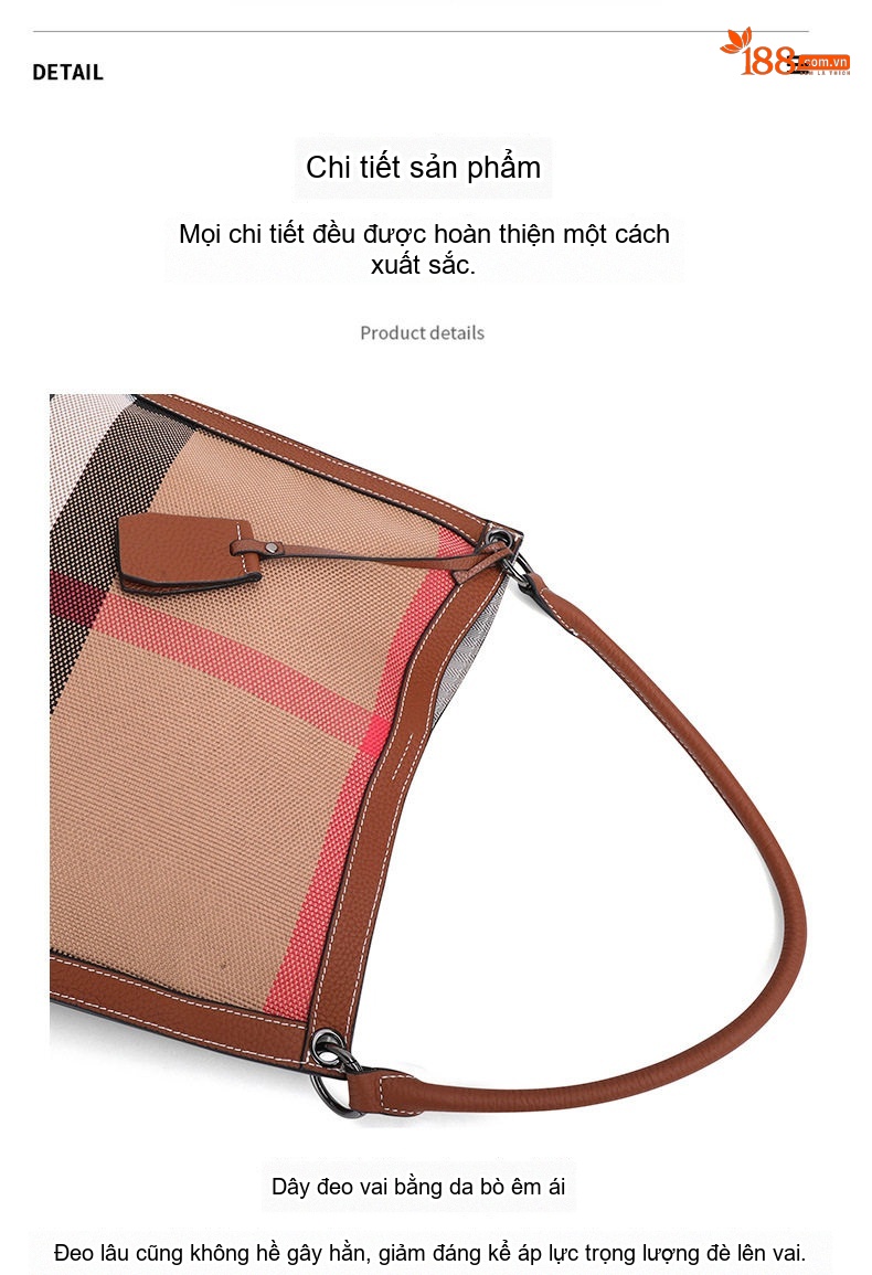 Túi Xách Nữ Vải Canvas Kẻ Ô Phối Da Bò Cao Cấp Màu Nâu chi tiết 17