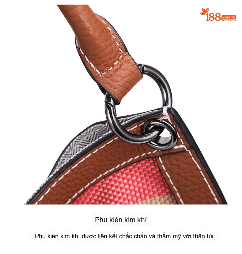 Túi Xách Nữ Vải Canvas Kẻ Ô Phối Da Bò Cao Cấp Màu Nâu chi tiết 18