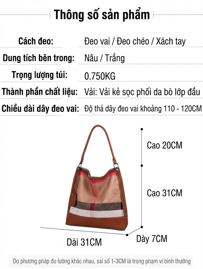 Túi Xách Nữ Vải Canvas Kẻ Ô Phối Da Bò Cao Cấp Màu Nâu chi tiết 20