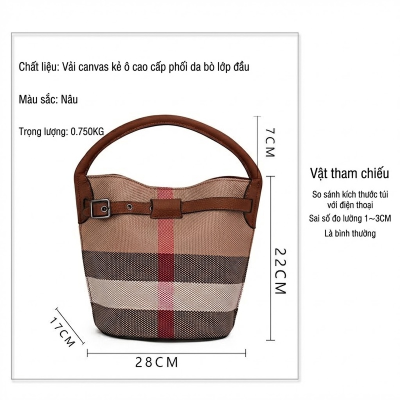 Túi Xách Nữ Vải Canvas Kẻ Ô Phối Da Bò Đeo Vai Đeo Chéo Màu Nâu