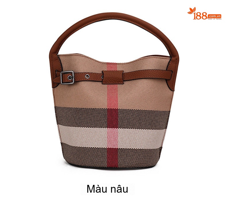 Túi Xách Nữ Vải Canvas Kẻ Ô Phối Da Bò Đeo Vai Đeo Chéo Màu Nâu chi tiết 4