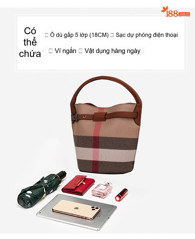 Túi Xách Nữ Vải Canvas Kẻ Ô Phối Da Bò Đeo Vai Đeo Chéo Màu Nâu chi tiết 8
