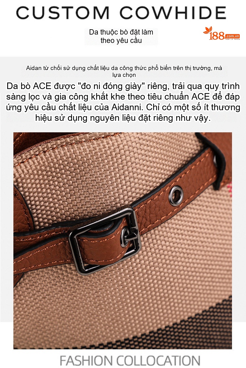 Túi Xách Nữ Vải Canvas Kẻ Ô Phối Da Bò Đeo Vai Đeo Chéo Màu Nâu chi tiết 9