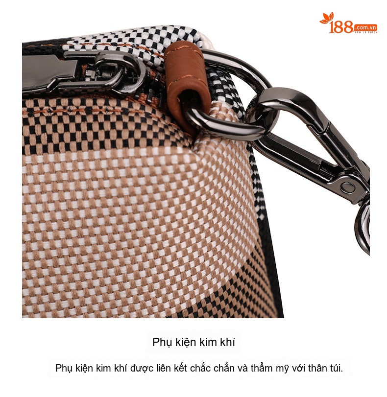 Túi Xách Nữ Vải Canvas Kẻ Ô Phối Da Bò Đeo Vai Đeo Chéo Màu Nâu chi tiết 17