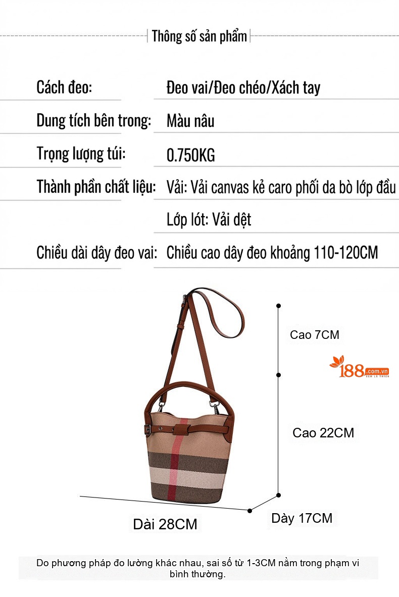 Túi Xách Nữ Vải Canvas Kẻ Ô Phối Da Bò Đeo Vai Đeo Chéo Màu Nâu chi tiết 3