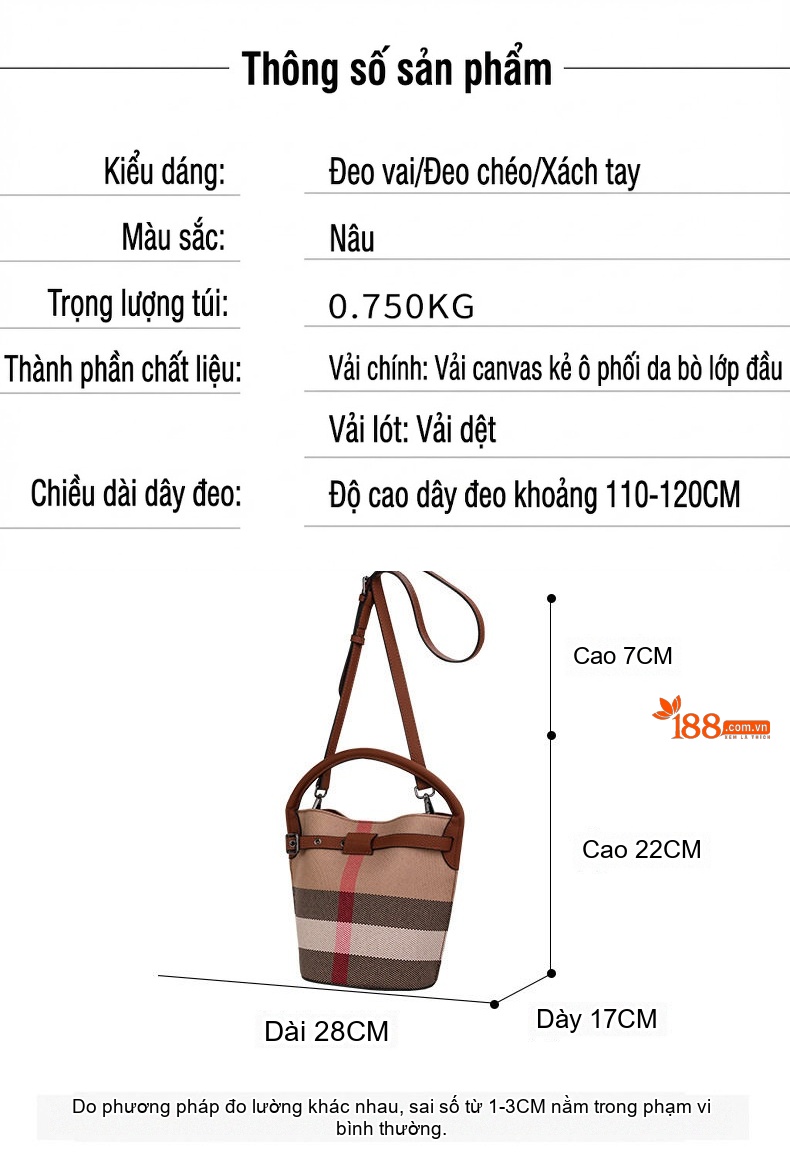Túi Xách Nữ Vải Canvas Kẻ Ô Phối Da Bò Đeo Vai Đeo Chéo Màu Nâu chi tiết 19