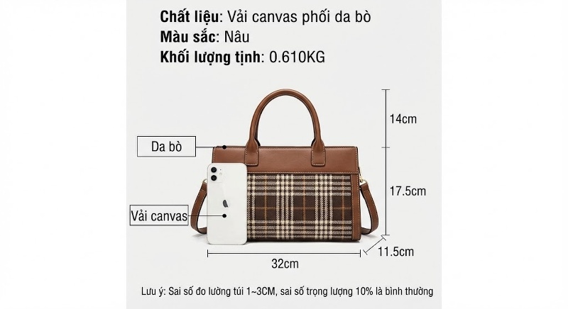 Túi Xách Nữ Vải Canvas Phối Da Bò Đeo Vai, Xách Tay Cao Cấp Màu Nâu