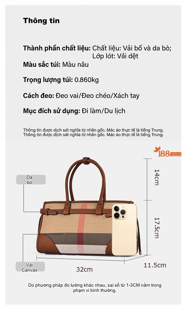 Túi Xách Nữ Vải Canvas Phối Da Bò Đeo Vai, Xách Tay Cao Cấp Màu Nâu chi tiết 3