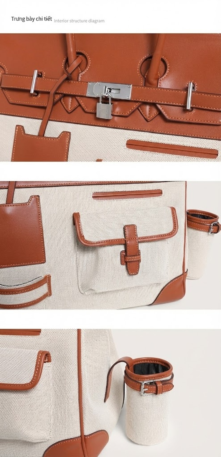 Túi Xách Nữ Vải Canvas Phối Da Đựng Đồ Cá Nhân Cỡ Lớn Du Lịch Đi Chơi Màu Trắng, Nâu chi tiết 17