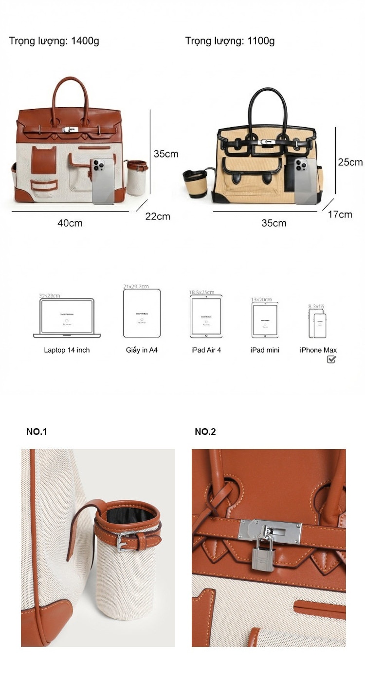 Túi Xách Nữ Vải Canvas Phối Da Đựng Đồ Cá Nhân Cỡ Lớn Du Lịch Đi Chơi Màu Trắng, Nâu chi tiết 4