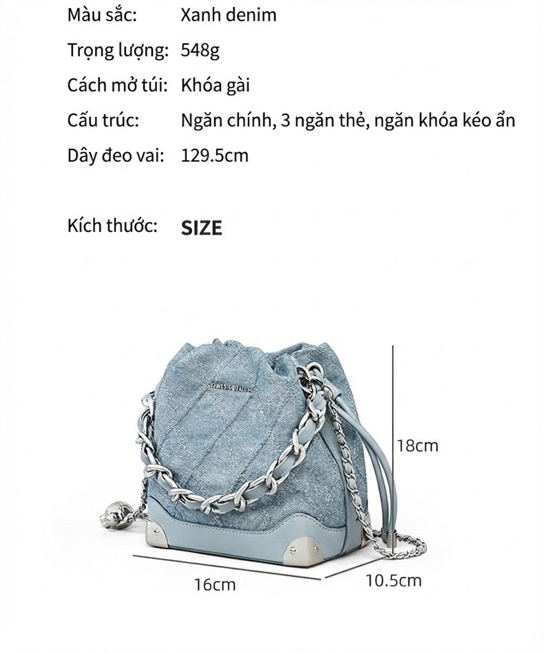 Túi Xách Nữ Vải Denim Dáng Bucket Đeo Chéo, Xách Tay Quai Xích Màu Xanh chi tiết 3