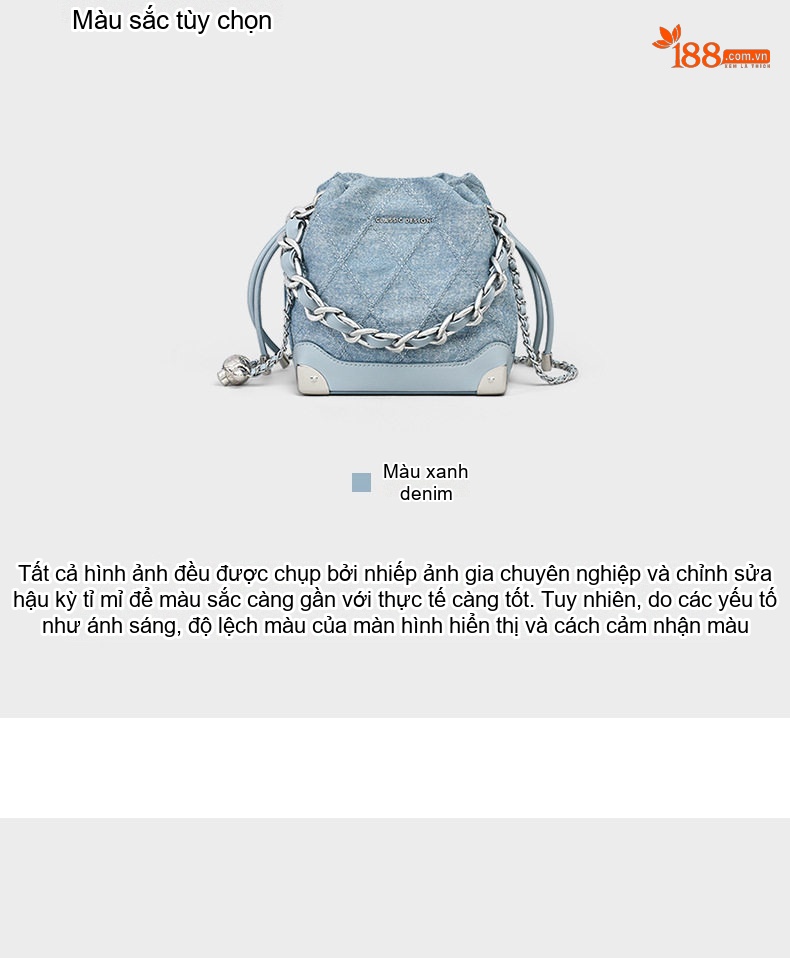 Túi Xách Nữ Vải Denim Dáng Bucket Đeo Chéo, Xách Tay Quai Xích Màu Xanh chi tiết 5