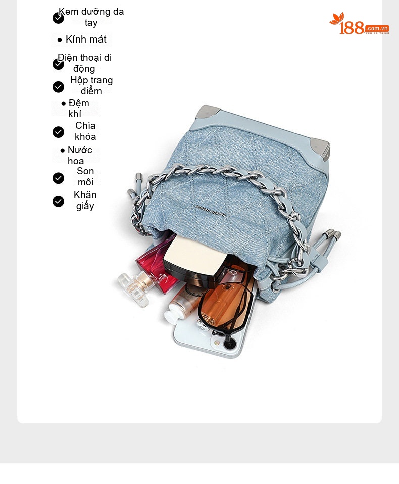Túi Xách Nữ Vải Denim Dáng Bucket Đeo Chéo, Xách Tay Quai Xích Màu Xanh chi tiết 7