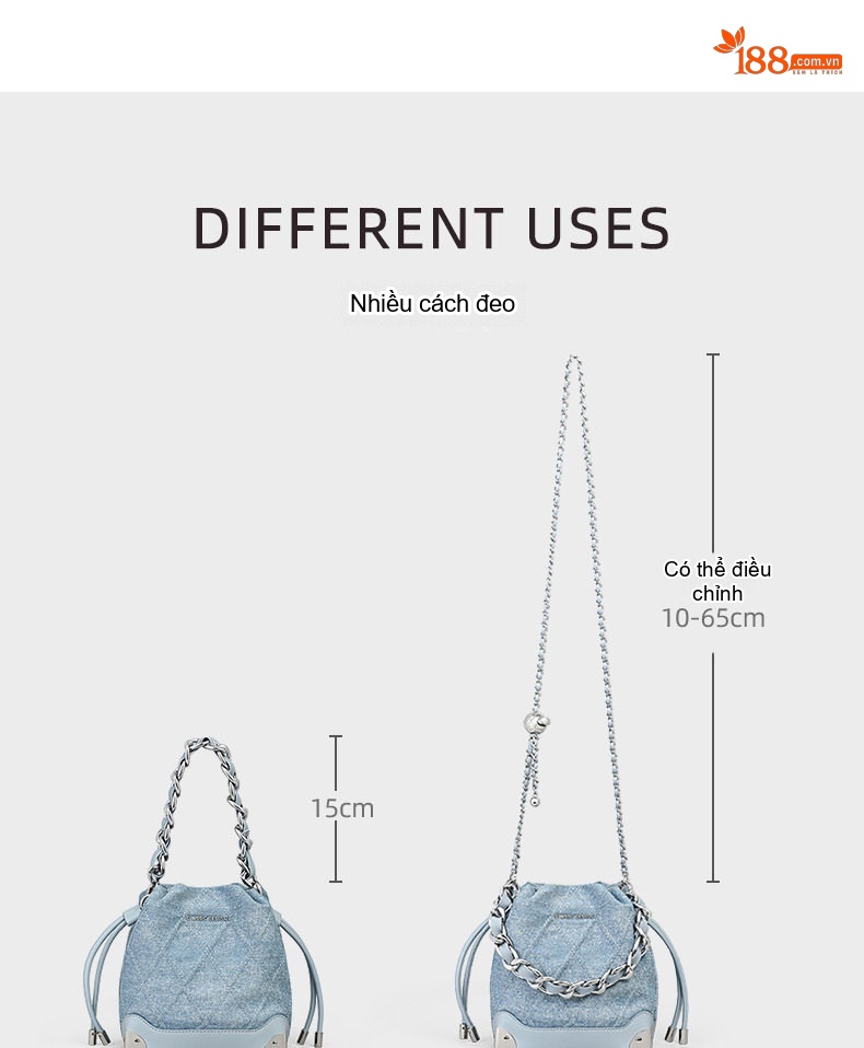 Túi Xách Nữ Vải Denim Dáng Bucket Đeo Chéo, Xách Tay Quai Xích Màu Xanh chi tiết 8