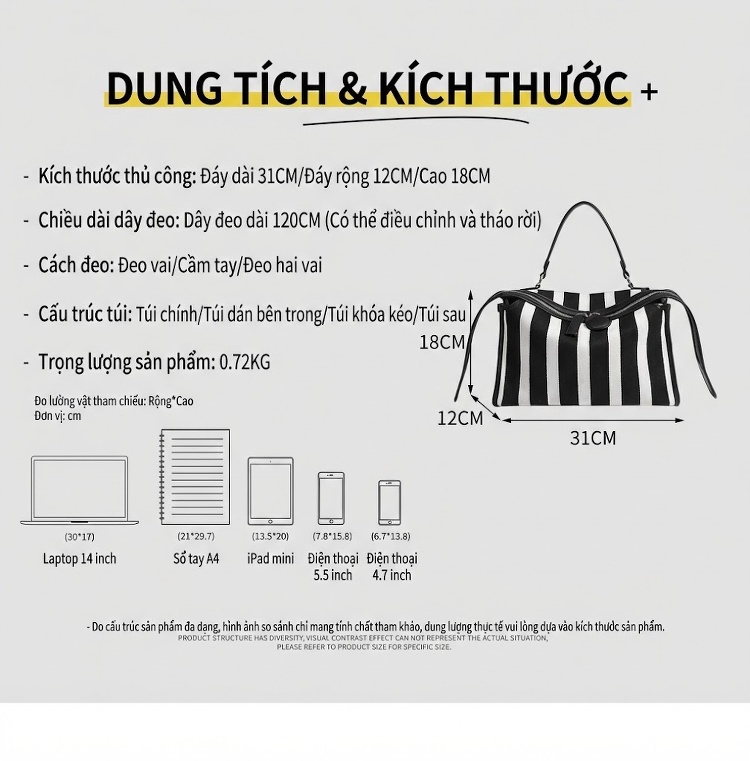Túi Xách Nữ Vải Dệt Kiểu Boston Sọc Ngang Đeo Vai, Đeo Chéo, Xách Tay Màu Đen, Trắng chi tiết 2