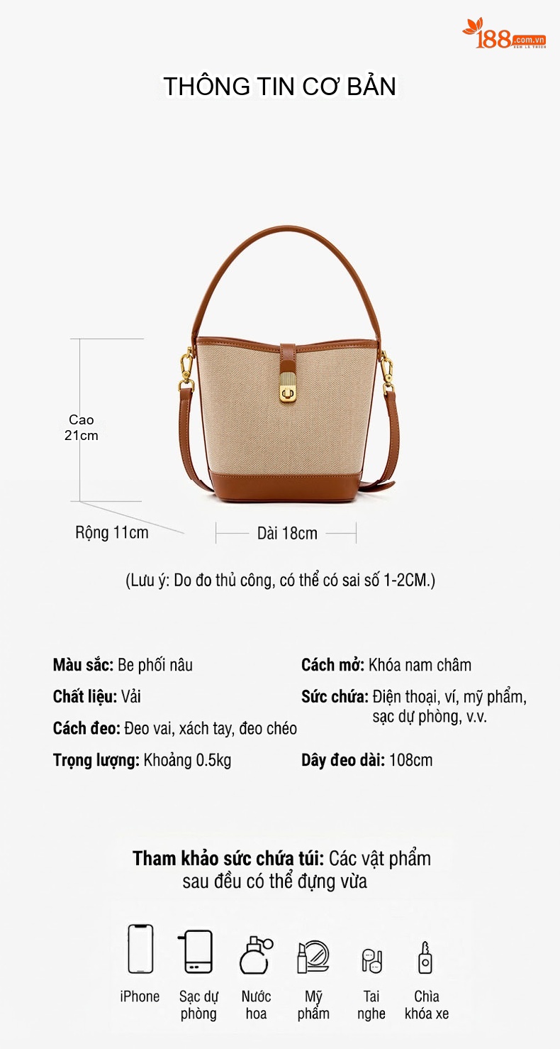 Túi Xách Nữ Vải Dệt Kiểu Túi Xô Đeo Chéo, Xách Tay Phong Cách Công Sở Màu Be, Nâu chi tiết 11