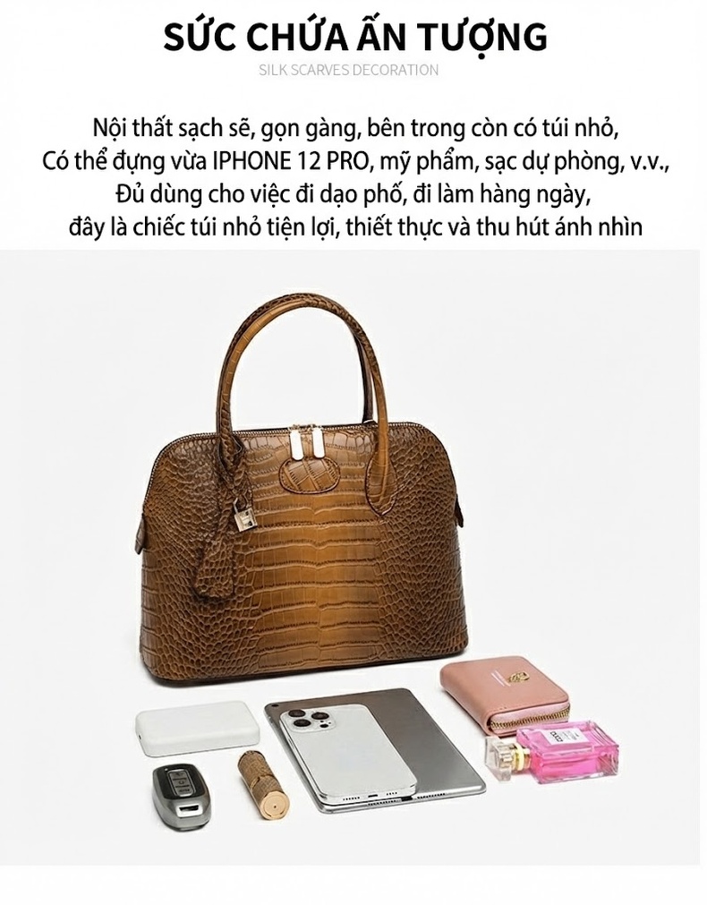 Túi Xách Nữ Vân Cá Sấu Da Mềm Cao Cấp Quai Xách Tay, Đeo Chéo, Thiết Kế Trung Niên Màu Nâu, Xanh Dương, Tím, Trắng... chi tiết 6