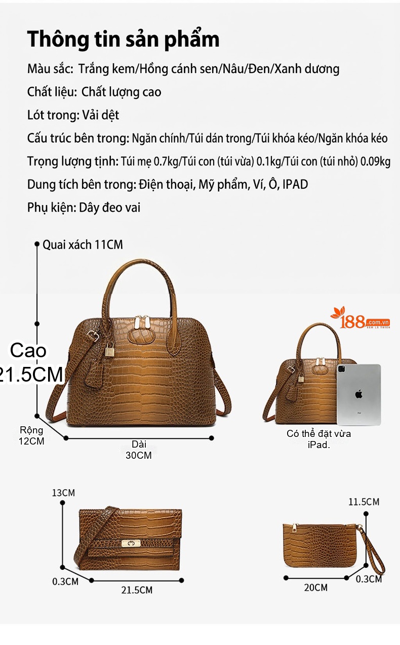 Túi Xách Nữ Vân Cá Sấu Da Mềm Cao Cấp Quai Xách Tay, Đeo Chéo, Thiết Kế Trung Niên Màu Nâu, Xanh Dương, Tím, Trắng... chi tiết 5