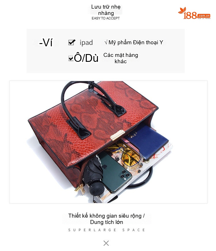 Túi Xách Nữ Vân Da Rắn Set 3 Món (Túi Lớn, Túi Nhỏ, Ví) Màu Đỏ chi tiết 10