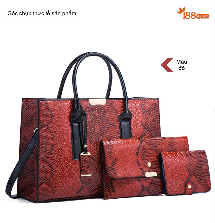Túi Xách Nữ Vân Da Rắn Set 3 Món (Túi Lớn, Túi Nhỏ, Ví) Màu Đỏ chi tiết 12