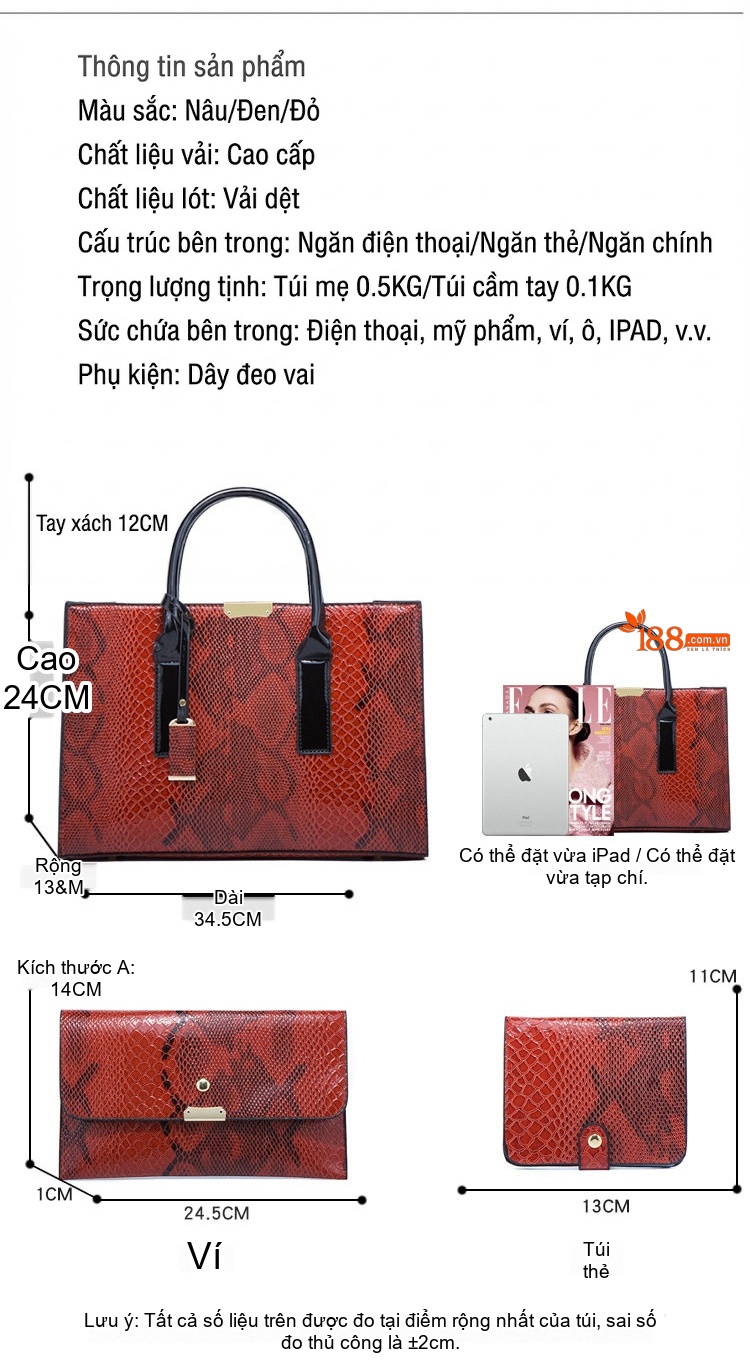 Túi Xách Nữ Vân Da Rắn Set 3 Món (Túi Lớn, Túi Nhỏ, Ví) Màu Đỏ chi tiết 9