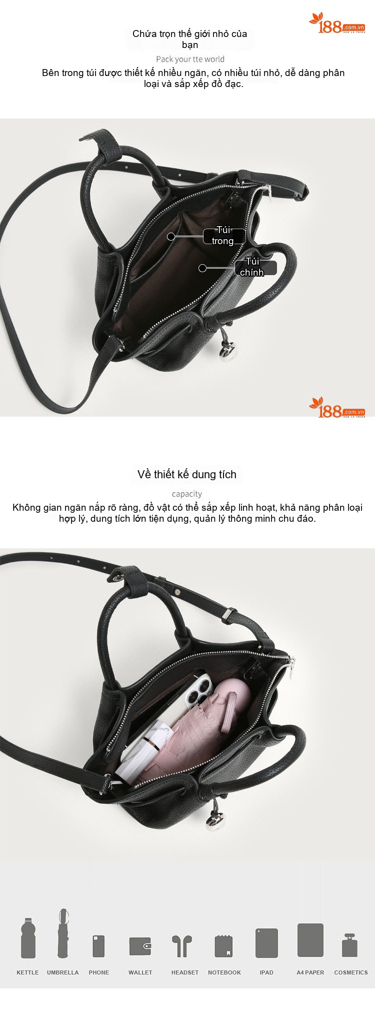 Túi Xách Nữ Vân Lychee Đám Mây Mini Kiểu Túi Gói Sủi Cảo Đeo Vai Đeo Chéo Thời Trang Màu Đen, Kem chi tiết 4