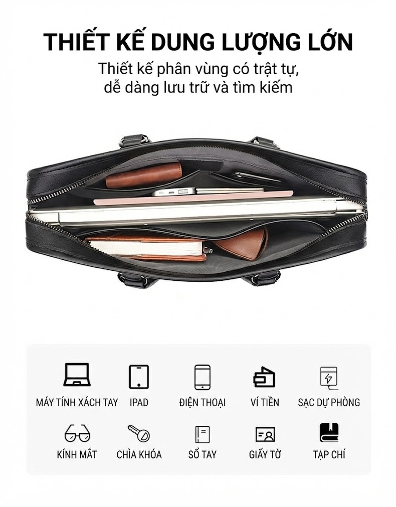 Túi Xách Tay Công Sở Nam Da Bò Chống Thấm Nước Đựng Laptop 14 Inch Đeo Chéo Màu Đen chi tiết 5