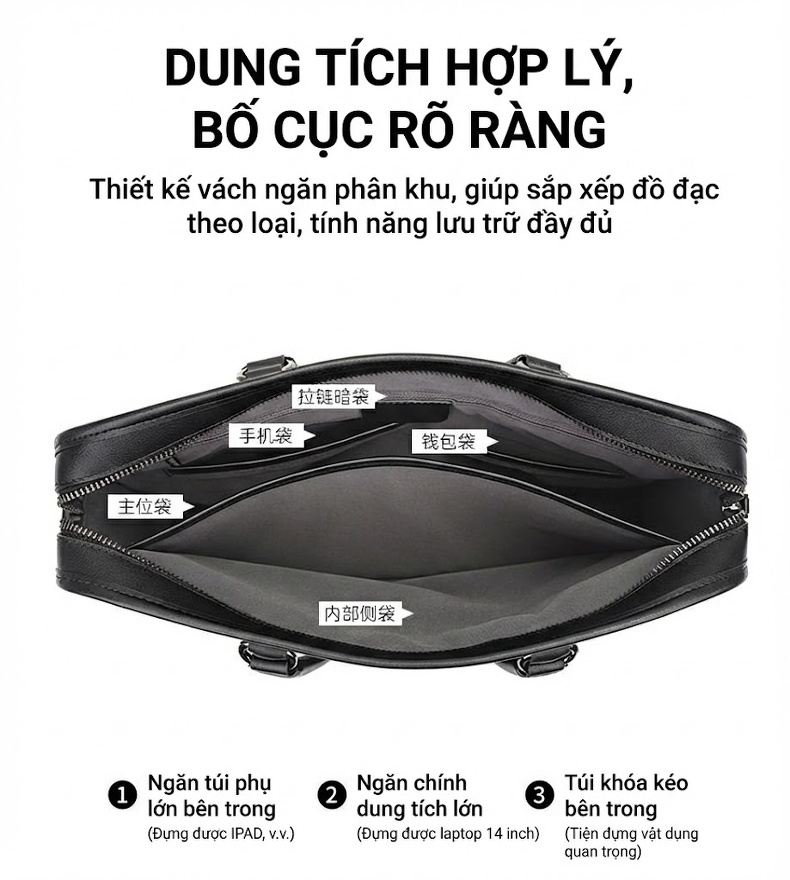 Túi Xách Tay Công Sở Nam Da Bò Chống Thấm Nước Đựng Laptop 14 Inch Đeo Chéo Màu Đen chi tiết 6
