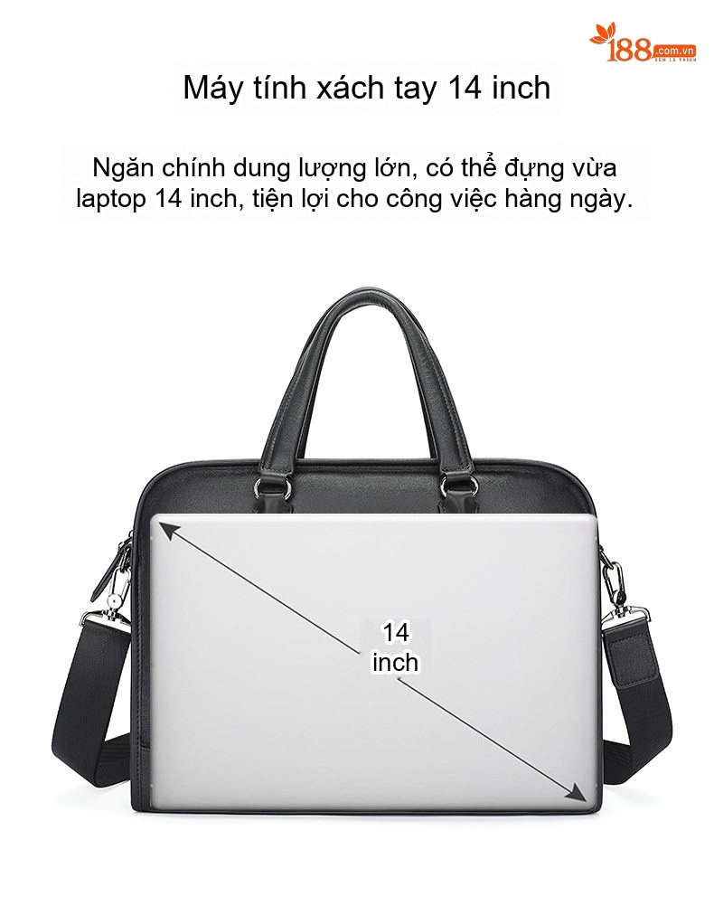 Túi Xách Tay Công Sở Nam Da Bò Chống Thấm Nước Đựng Laptop 14 Inch Đeo Chéo Màu Đen chi tiết 7