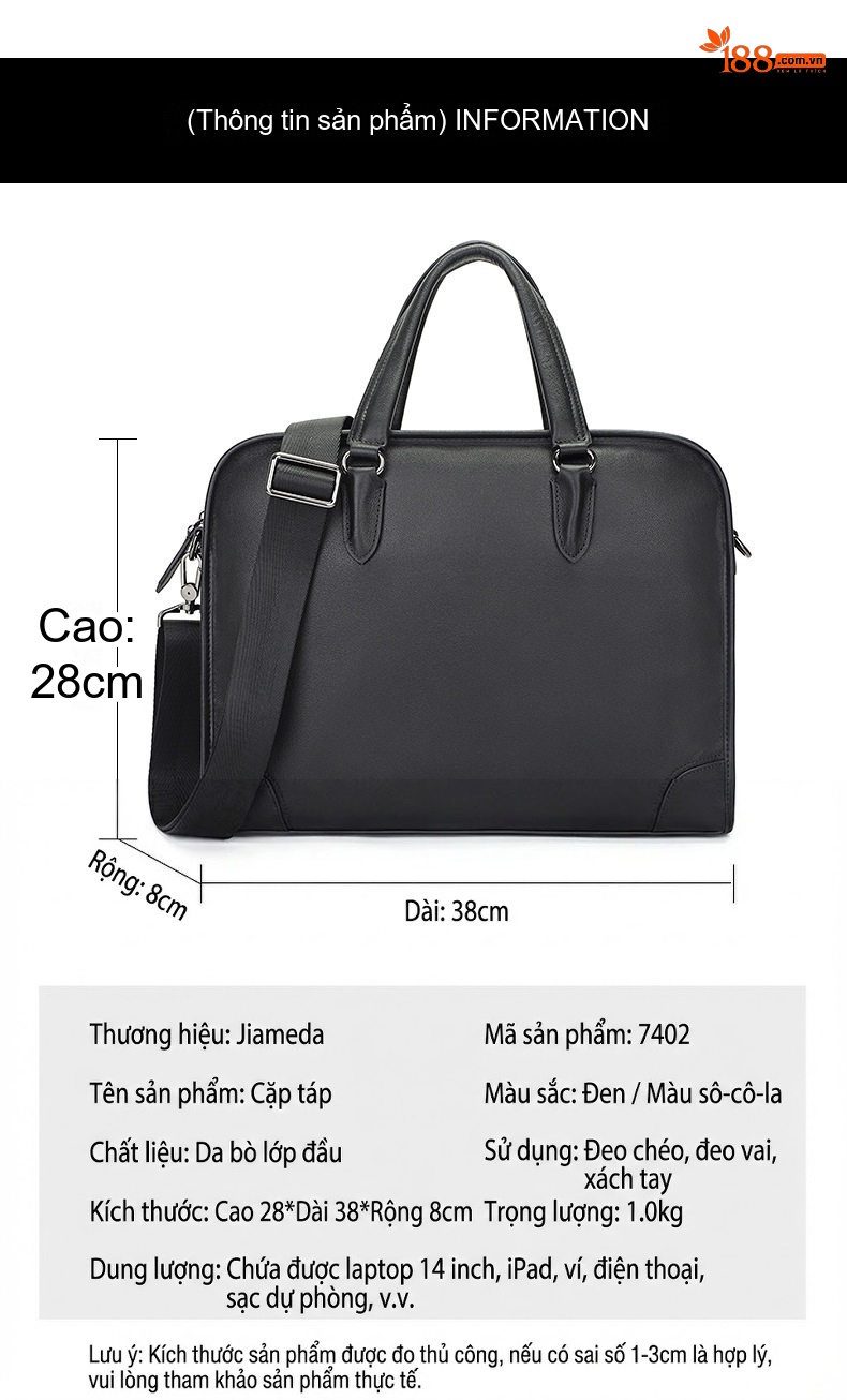 Túi Xách Tay Công Sở Nam Da Bò Chống Thấm Nước Đựng Laptop 14 Inch Đeo Chéo Màu Đen chi tiết 1
