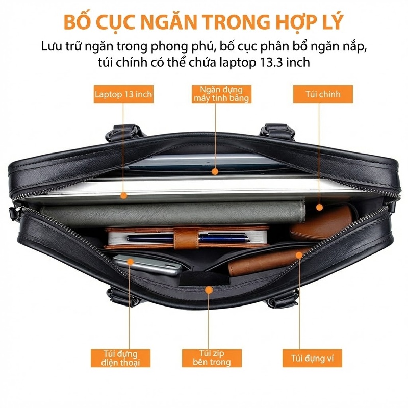 Túi Xách Tay Công Sở Nam Da Bò Chống Thấm Nước Đựng Laptop 14 Inch Đeo Chéo Màu Đen